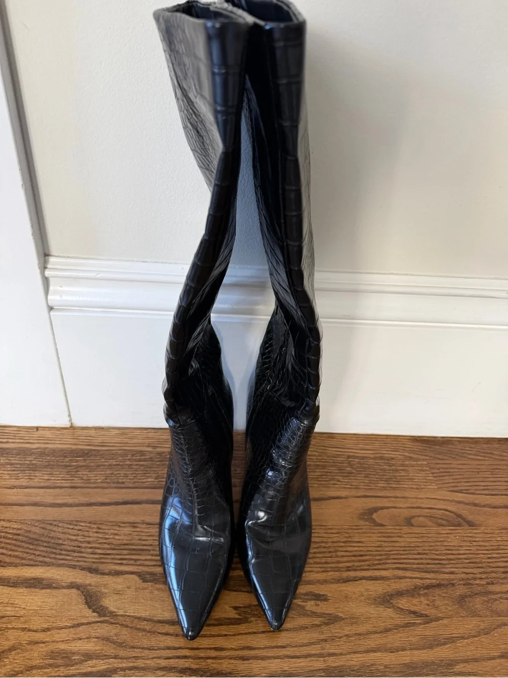 Black Croc-Embossed Pointed-Toe Knee Boots - Women's